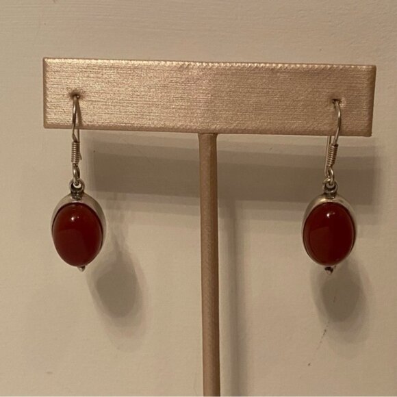 EARRINGS STERLING SILVER 925 CARNELIAN OVAL RED STONE FRENCH WIRES DROP PIERCED - Picture 3 of 7